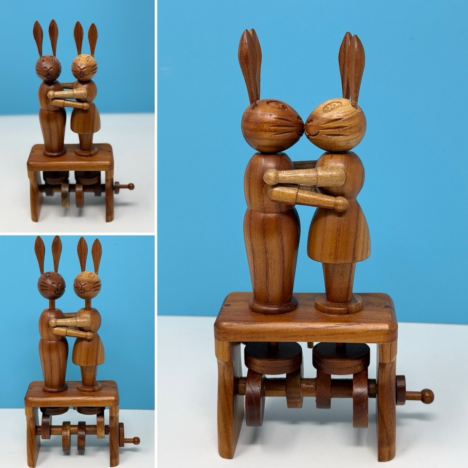 Vintage MCM Handmade Moving Wooden Kissing Rabbits Sculpture Folk Art Automaton