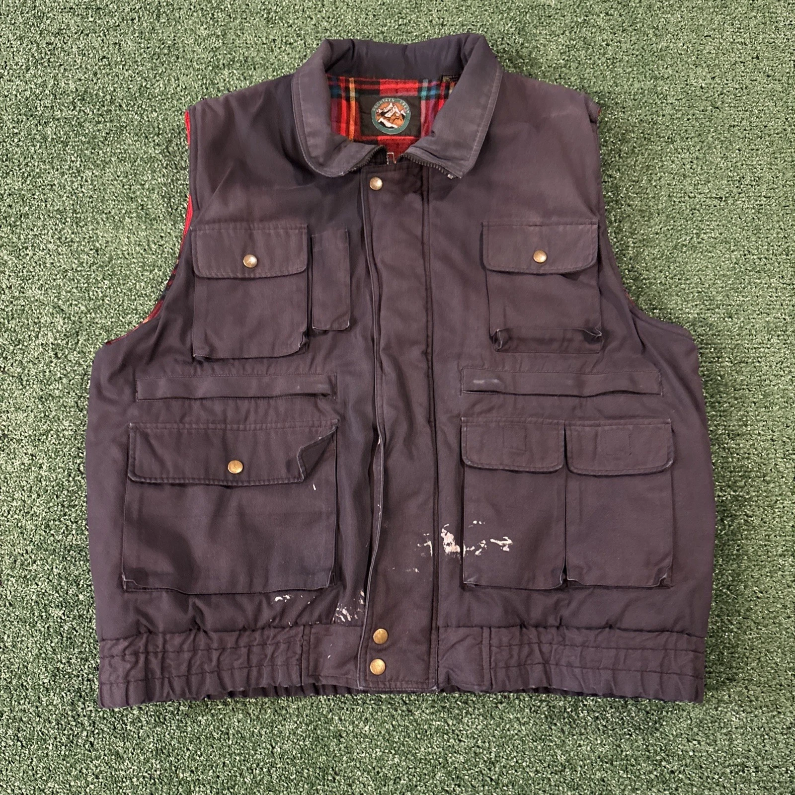 Vintage Mountain Crest Vest Mens Large Blue Flannel Lined Hiking Fishing Utility