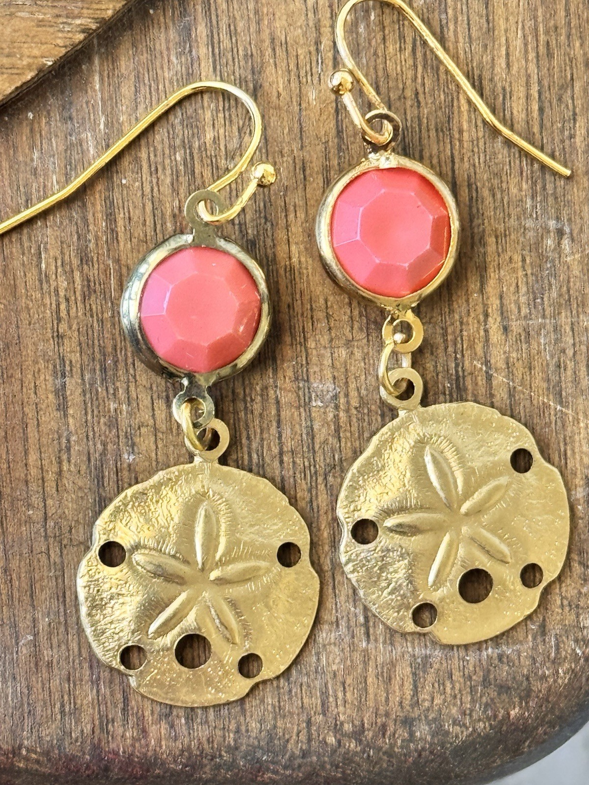 Coral and Gold Sand Dollar Sea Shell Dangle Earrings. Beach. Ocean. Coast.