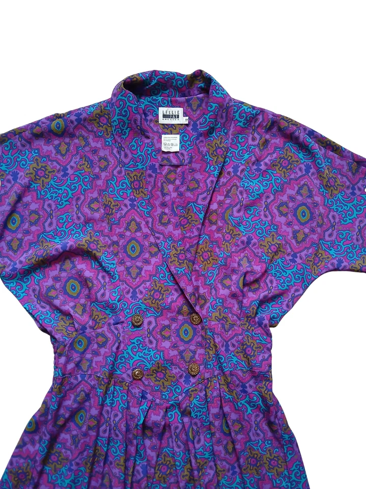 Leslie Fay Long Dress Womens 12 Purple Vintage 80s Pleated Geometric Print - Image 2 of 4