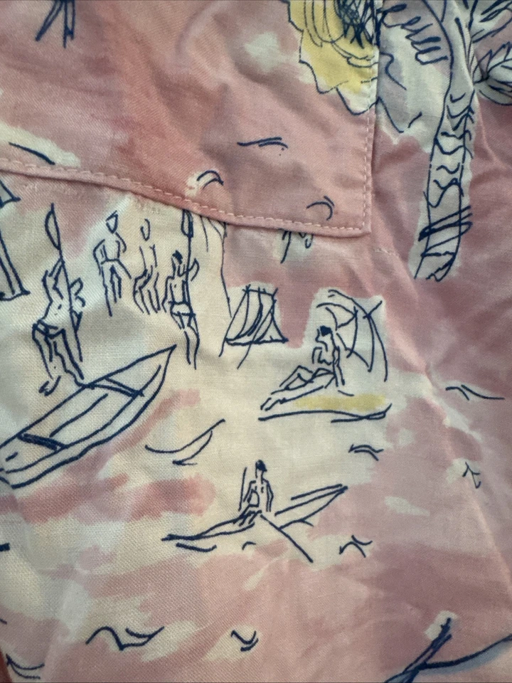 TEDDI Vintage Sz L Pink Blue Tropical Palm Tree Print Denim Collar Button Down - Image 3 of 4