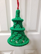 Handmade Vintage Green Macrame Bell Ornament With Red Wooden Accents  Hanging R