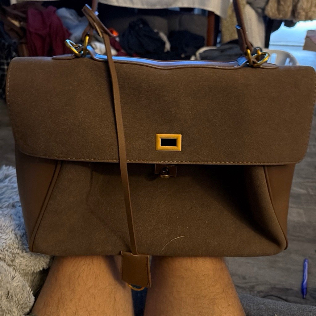 Brown Satchel Top Handle Bag, Turn Lock Closure, Detachable Strap, Gold