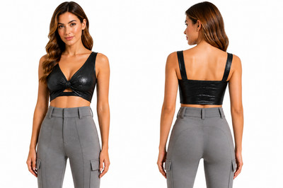 PE802 Halara Damen Crop Top Schwarz/Lila Glanz Stretch Bandeau  (XS)