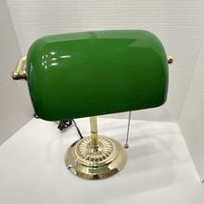 Green Glass Banker's Desk Lamp Brass-Tone Base Pull Chain Corded 2017