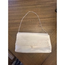 White Satin Beaded Evening Clutch Bag Faux Pearl Wedding Prom Formal Bag