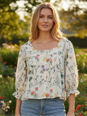 Laura Ashley Linen Floral Top Sz L Puff Sleeve Square Neck Cottagecore Boho