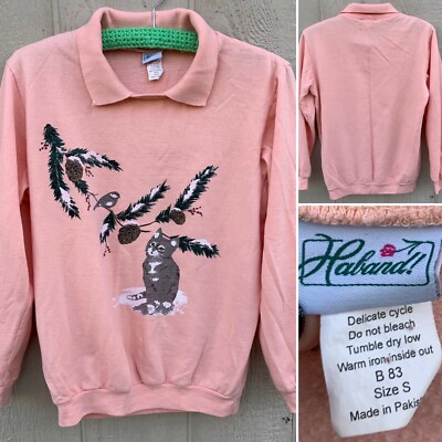 vintage collared sweatshirt cat bird pinecone graphics Haband size S 90s  style