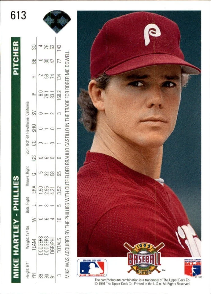 Mike Hartley 1992 Upper Deck MLB #613 Baseball Card Philadelphia Phillies - Image 2 of 2