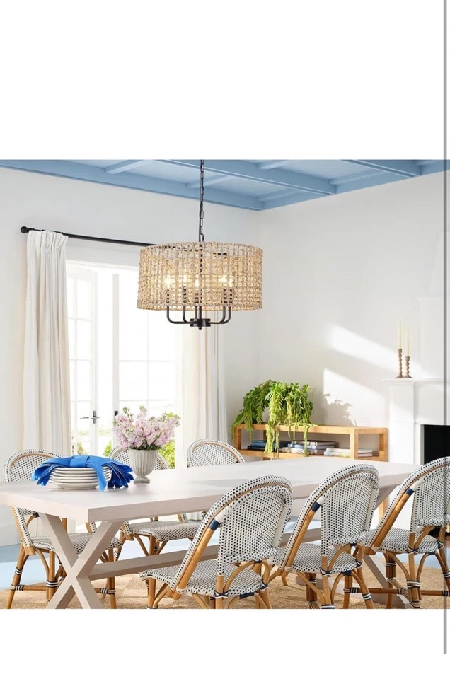 Lámpara de araña boho tejida a mano rústica de ratán de 5 luces marrón Foto 3 de 4