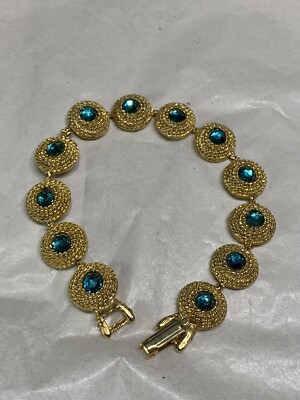 vtg 60s Gold tone green crystal bracelet basket weave Detail 1/2  round Links 7 