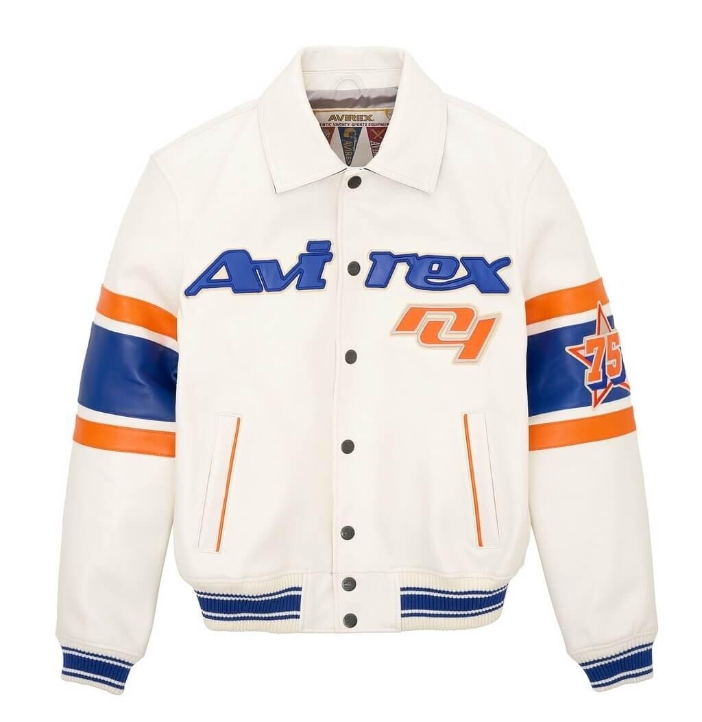 Avirex Men’s White Bomber New York Motorcycle Jacket in Genuine Cowhide Leather for a Stylish and Durable Look