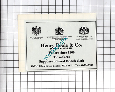 Henry Poole & Co Savile Row Ltd Tailors London Werbung - 1980 kleiner Ausschnitt