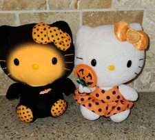 2 TY Sanrio Hello Kitty Bat & Kitty with Pumpkin Sucker Costume Halloween 6" 