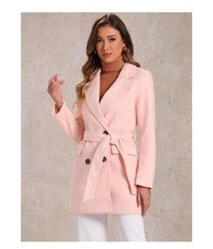 Allegra K Notch Lapel Double Breasted Belted Mid Long Outwear Winter Coat SZ S