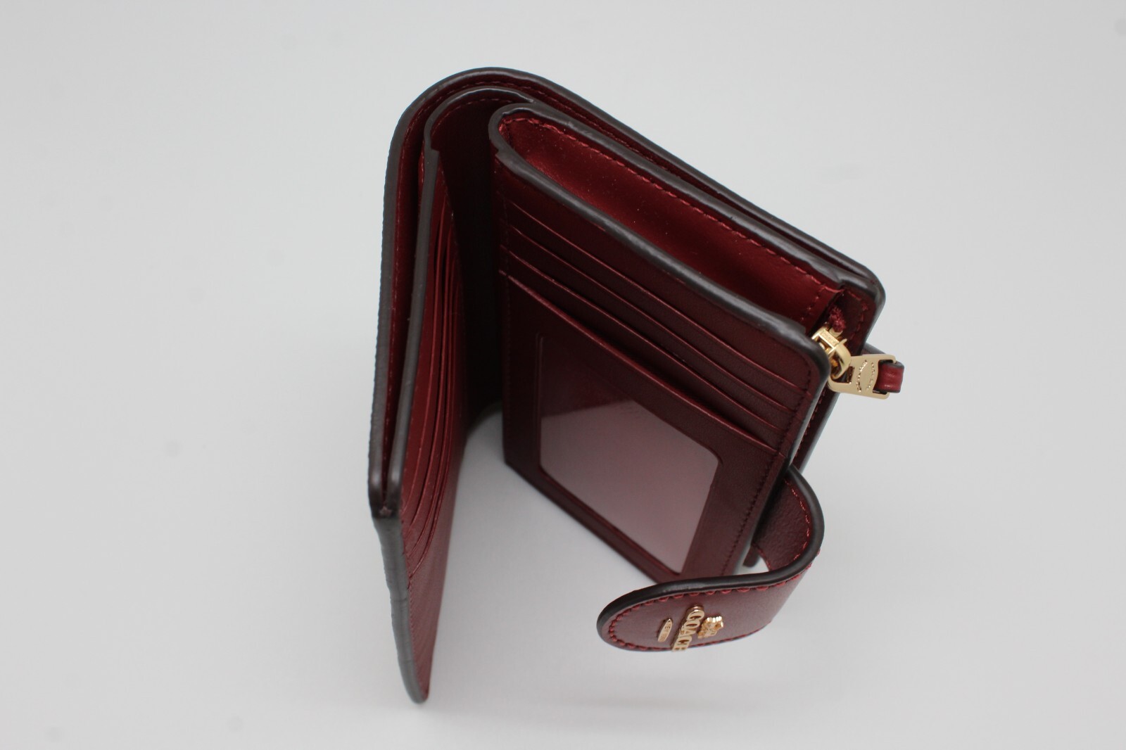 Coach Women Medium Corner Zip Wallet In Signature Canvas in Khaki Cherry