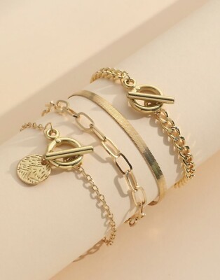 Lot De 4 Bracelets Femme Dorés Or - Chaînettes En Acier Inoxydable, Neuf Sans Emballage
