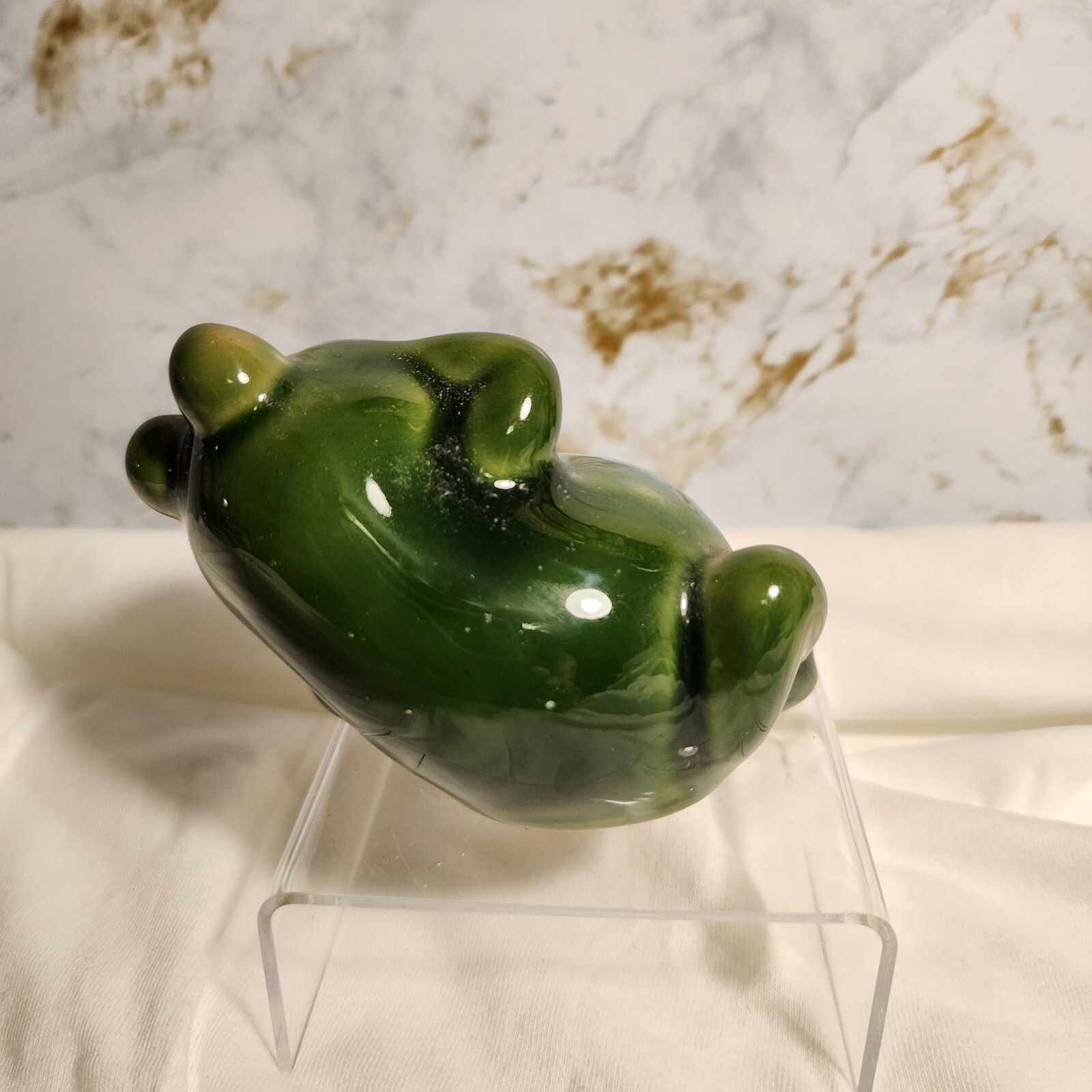 Cute Fat Green Ceramic Garden Frog Figurine Relaxing Laying On Side