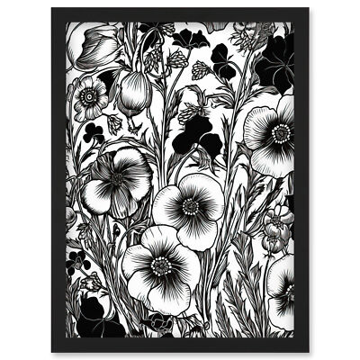 Schwarz-Weiß Viola Blumenmuster Illustration Gerahmt Kunst Bild Druck A4