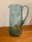 Blenko Glass Dimple Light blue Crackle Glass Pitcher Large MCM Pinched Dimple