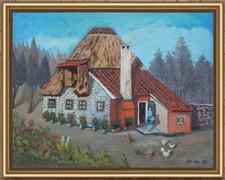 ARTE NAIF BOSCO VECCHIO CASOLARE GALLINE olio tavola ENRICO COPETTA COEN BRESCIA