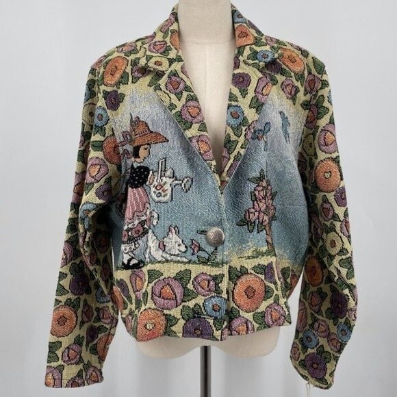 Giacca arazzo floreale vintage dipinta pony donna Medium BoxO oversize