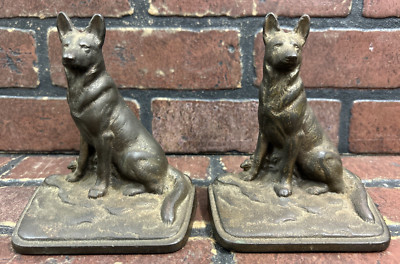 Antique Pair 1920's Cast Iron German Shepherd Dogs Paperweight Bookend