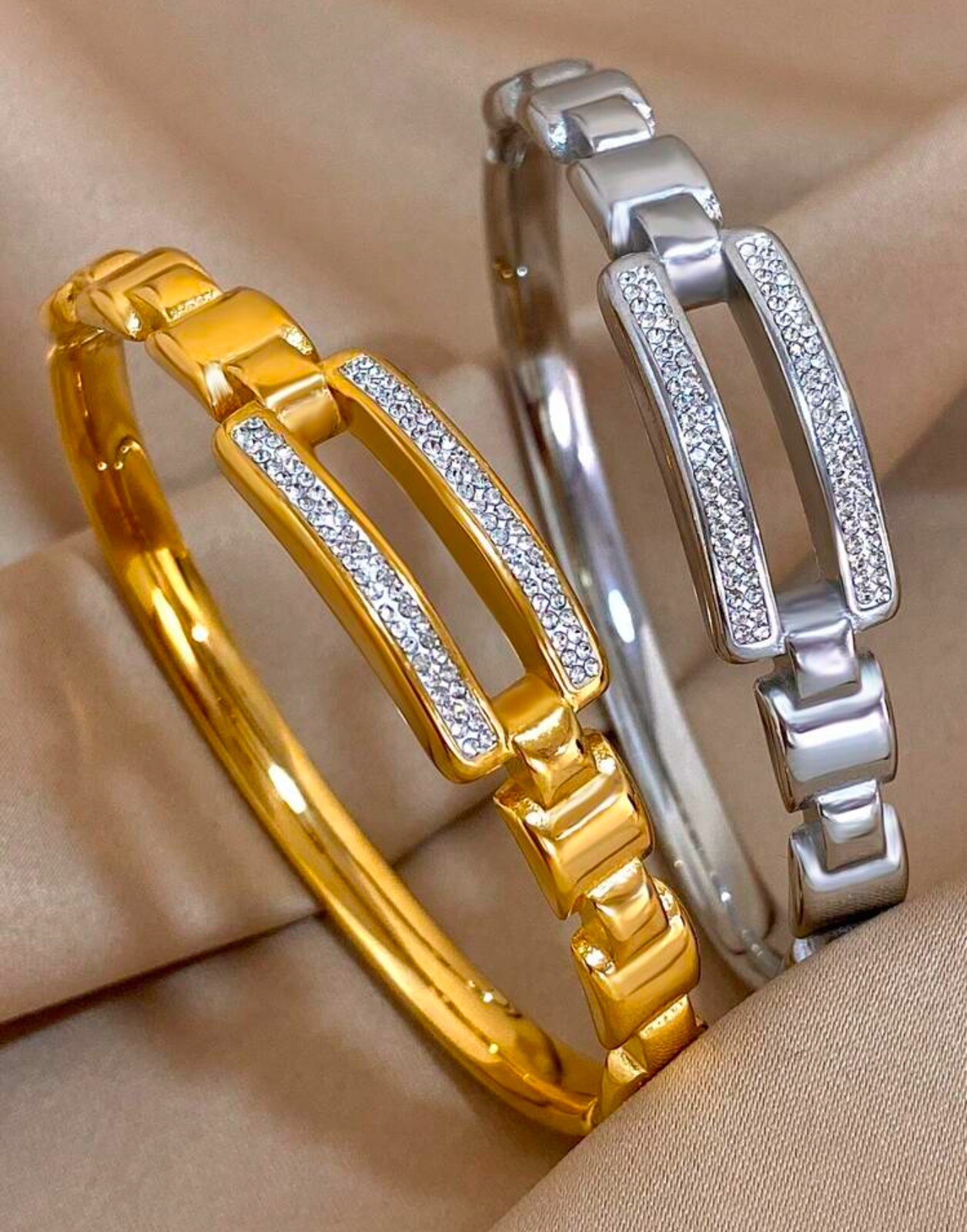 Bracelet manchette femme en acier inoxydable jonc doré argenté lot de 2 bijoux avec strass zircon