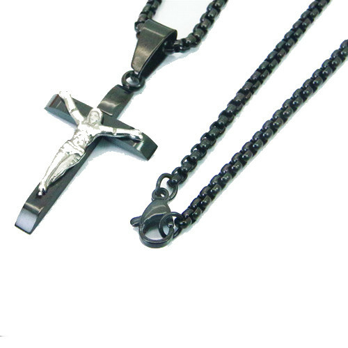 Croix Jésus Christ pour homme en acier noirci massif avec chaîne N1097