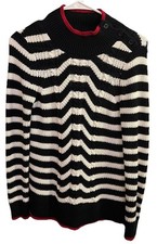 Loft Nautical Cotton Navy Blue White Stripe With Red Trim Cable Knit Sweater