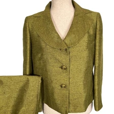 Suit Studio Skirt Set Womens 4P Olive Green Textured Shimmer Party Formal 2pc