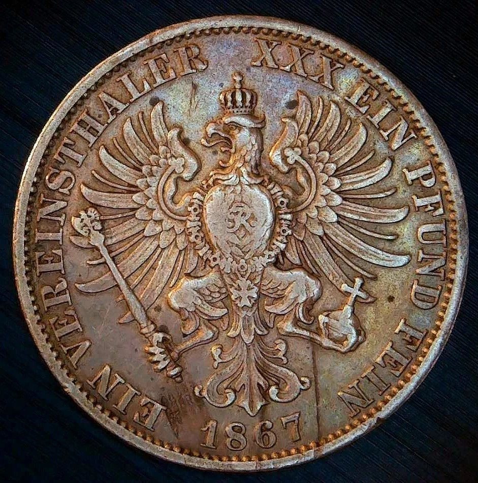 1867-A  AU 90% Silver Vereinsthaler Thaler Taler German States Prussia Wilhelm - Image 2 of 2