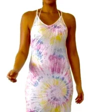 Miken TIE DYE Cover Up Dress Size Small V-Neck Maxi Pastels Beach Pool Ocean