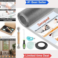 Window Screen Repair Kit 39 x 78 Inch Grey Fiberglass Mesh with Spline Roller