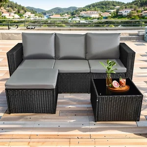 3 Pièces Rattan Garden Meubles Patio extérieur Tout temps Table en verre gris