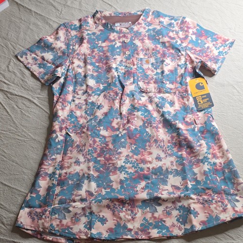 Carhartt Force Rugged Flex Modern Fit Floral Scrub Top S Pink Blue Pocket