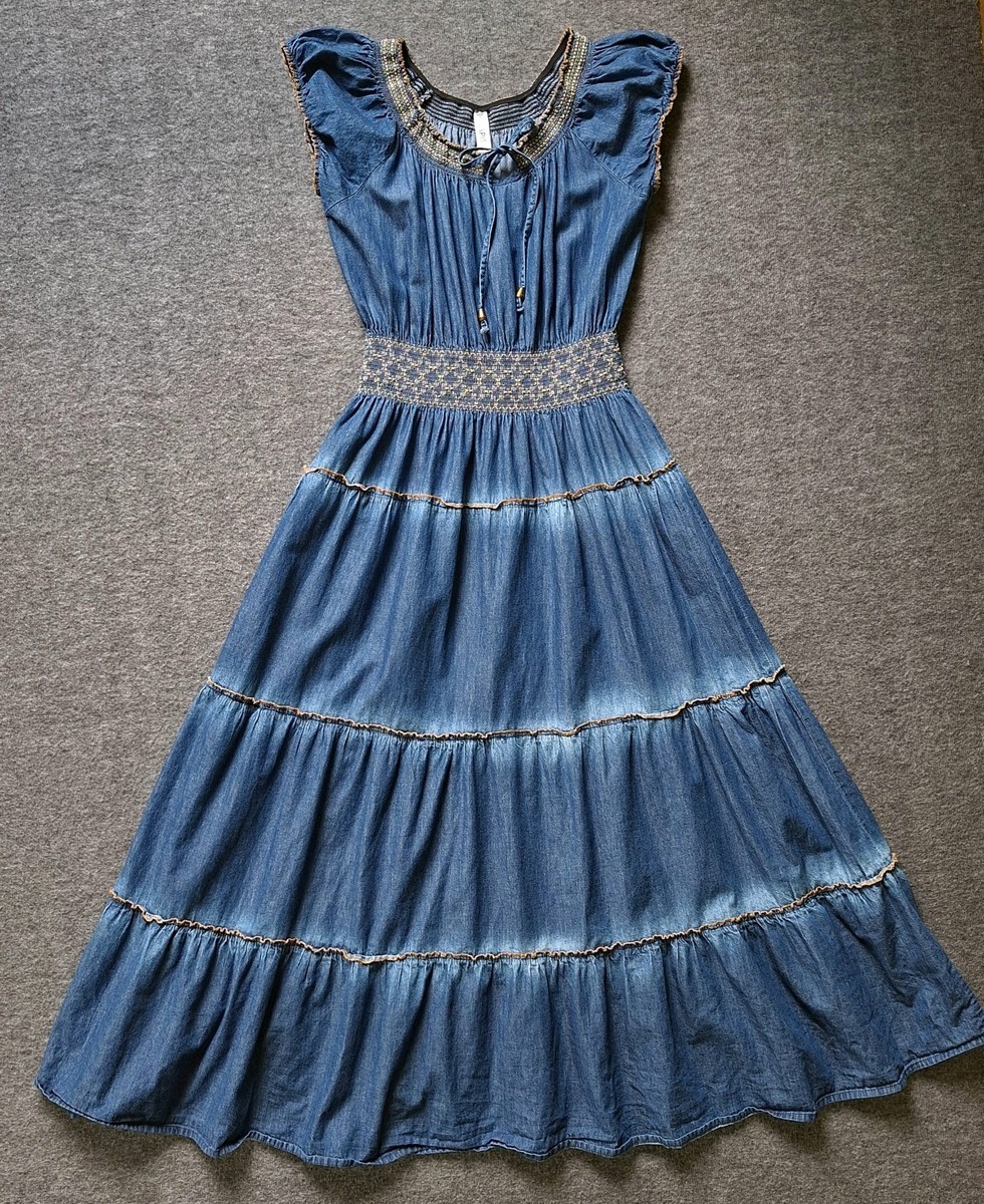 LAPIS Chambray Blue Denim Tiered Smock Waist Cotton Fit & Flare Dress Large  READ | eBay