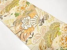 7625249: JAPANESE KIMONO / ANTIQUE MARU OBI / SILK / WOVEN KIKU  PEONY