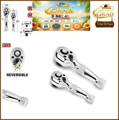 Stubby Ratchet Set 1/4 Inch 3/8 Inch Drive 72 Tooth Quick Release Reversible