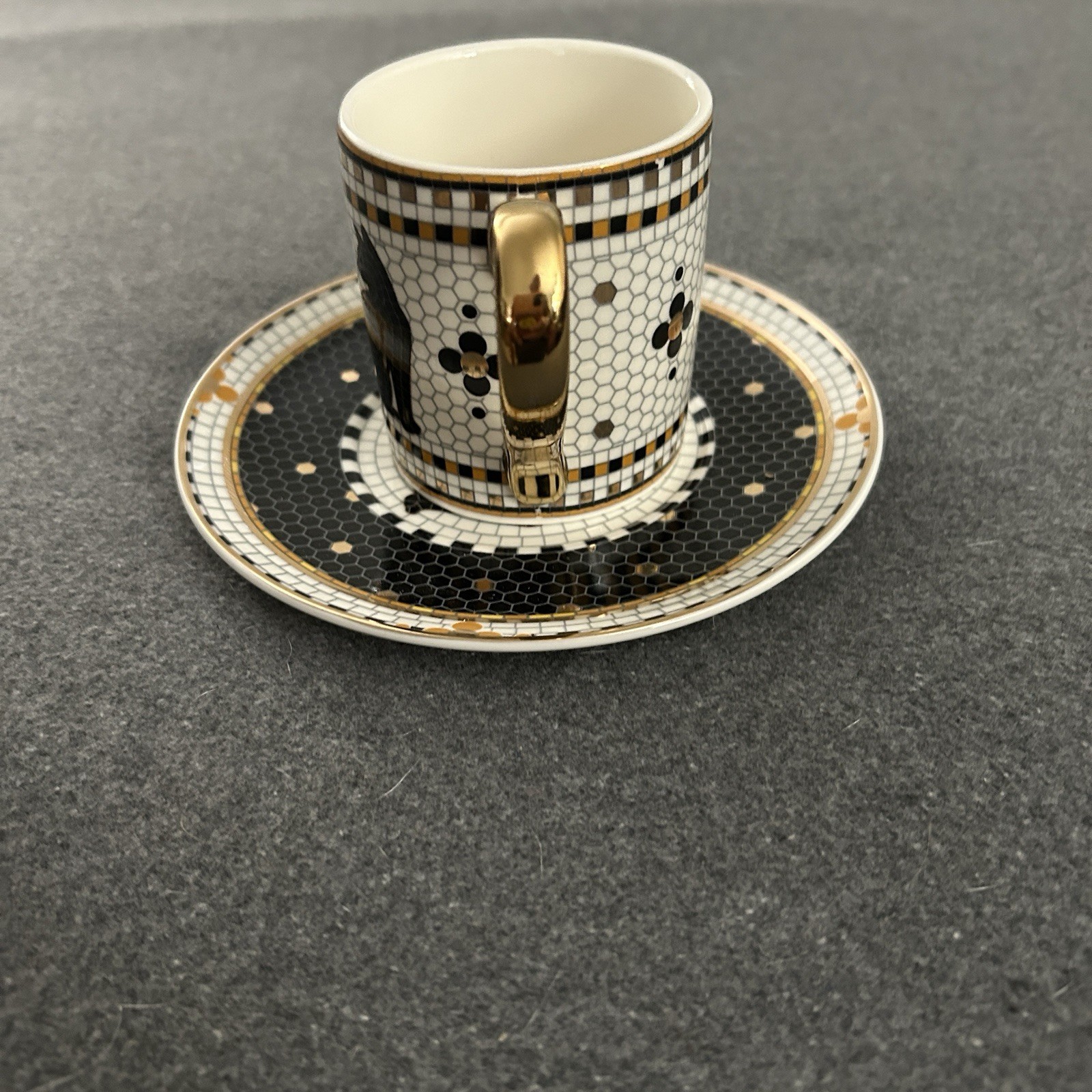 Anthropologie Bistro Tile Black Cats Espresso Cup Saucer Set NEW Halloween 5 oz