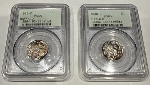 1938-D Buffalo Nickel MS65 2 PCGS Rattlers OGH Gen 2.1 Holders Consecutive Certs