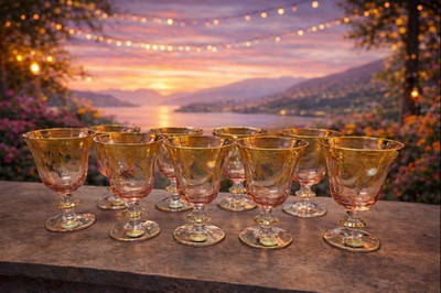Arte Italica Medici 24K Gold Ruby Wine Glasses Short Set of 2 Vintage Italy