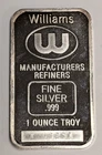1 oz .999 Fine Silver Bar ~ Williams Manufacturers Refiners ~ Serialized W 03291