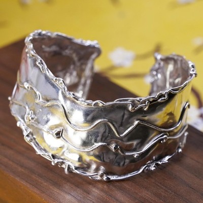 6.5'', Vintage Sterling silver handmade bracelet, 925 wide cuff hammered texture
