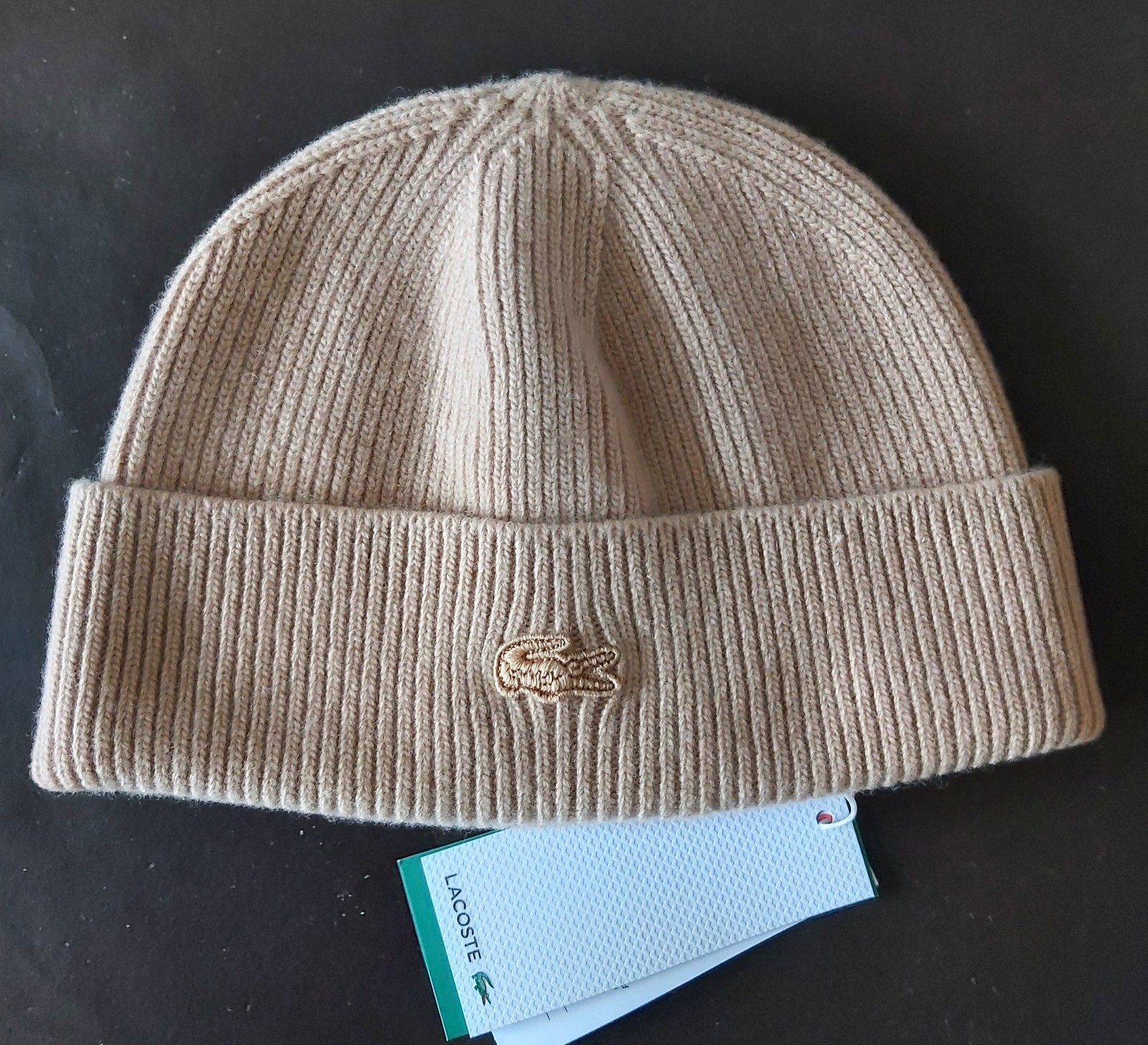Genuine LACOSTE Camel Brown Wool & Cashmere BEANIE Cuff Hat RB0149 Unisex Lac3