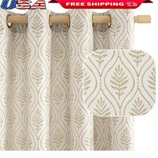 Boho Sheer Linen Curtains Leaf Pattern Jacquard Weave 84in 2 Panels Grommets New