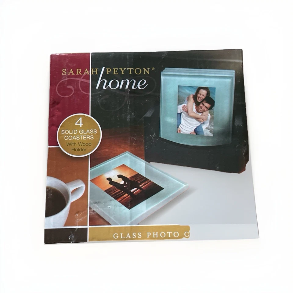 Posavasos fotográficos de vidrio para el hogar Sarah Peyton 4 con soporte de madera nuevos en caja Foto 4 de 4