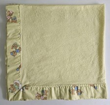 Vtg Quiltex Yellow Baby Cotton Blanket Teddy Bear Trim USA Made Cloud Star Wagon