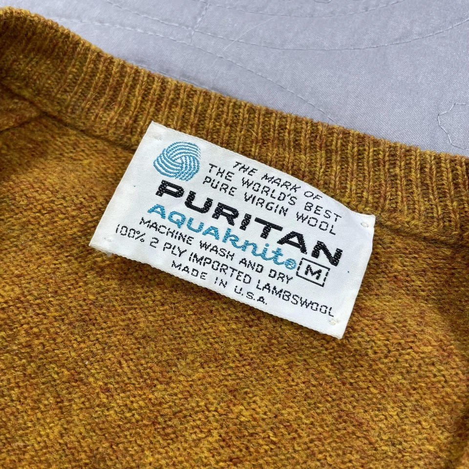 Suéter Puritano Vintage Masculino Médio Laranja Queimado Lã de Cordeiro Decote V AquaKnit EUA - Imagem 3 de 4