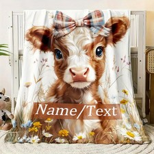 1pc Cozy Customizable Highland Cow Blanket with Bow Tie - Personalized Name, L